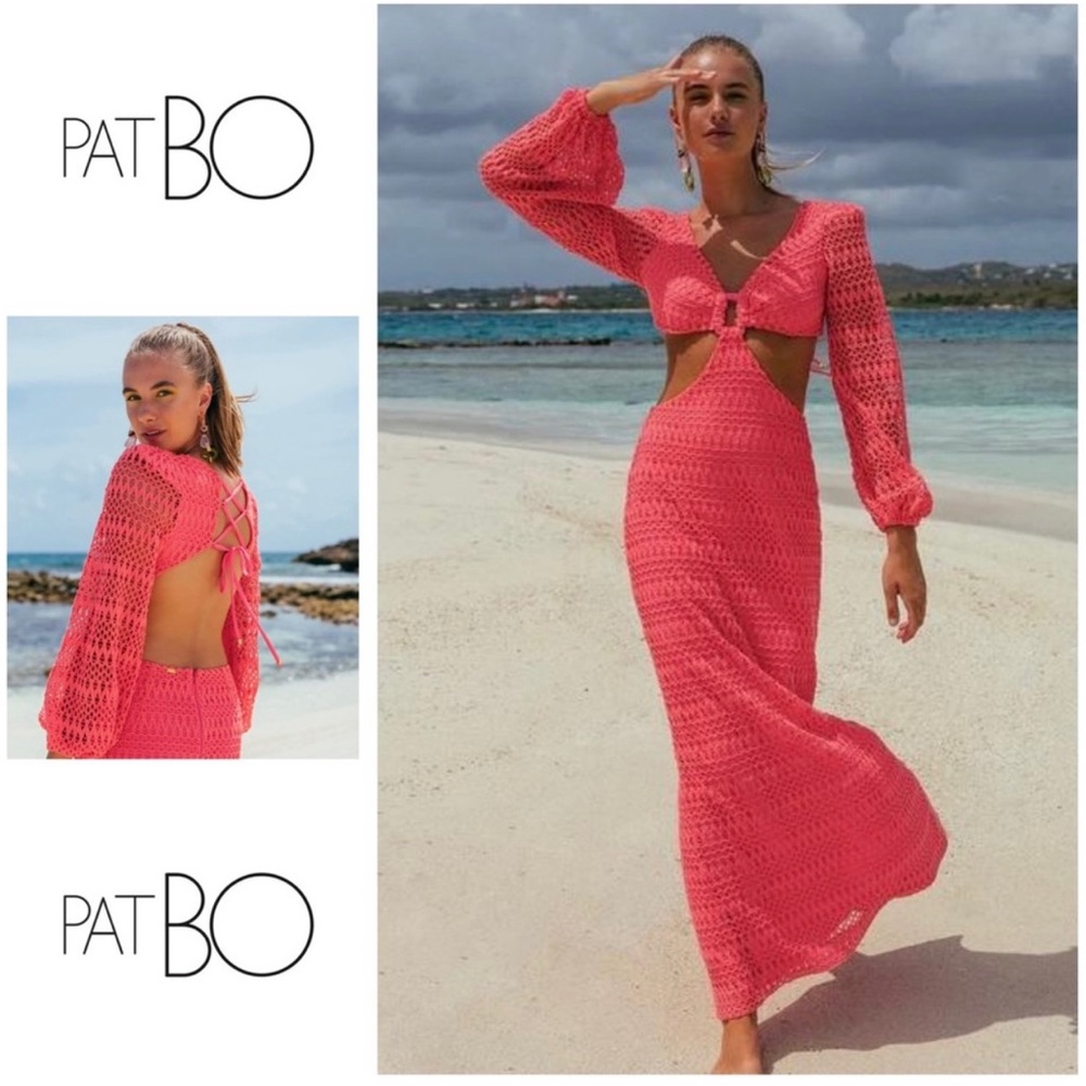 PatBO *NWT* Neon Coral Crochet Cut Out Maxi Dress